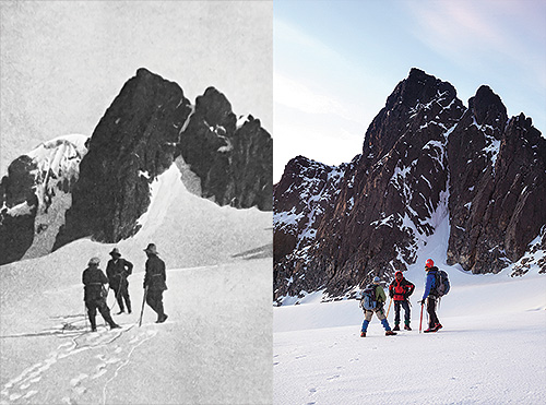 1906 explorers can be seen standing on ice dozens of feet thicker than the ice seen in a 2013 re-creation featuring Losin, right, and two guides. black and white images ©Fondazione Sella, Italy, courtesy DecaneasArchive.com