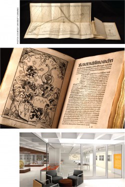 From top: Rare books like a first edition of The Atlantic Pilot (1772) and The Earliest Major Treatise on the Globe and Its Manufacture (1515) are among the valuable items in the Kislak Collection of the Early Americas, Exploration and Navigation. Select items will be displayed in the Kislak Gallery (rendering shown).
